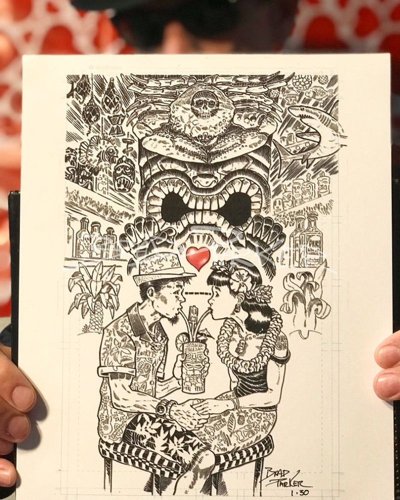 Romance In The Tiki Lounge - Limited Edition Print Black & White Giclee