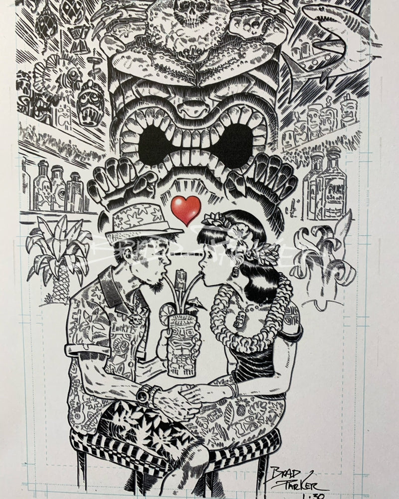 Romance In The Tiki Lounge - Limited Edition Print Black & White Giclee