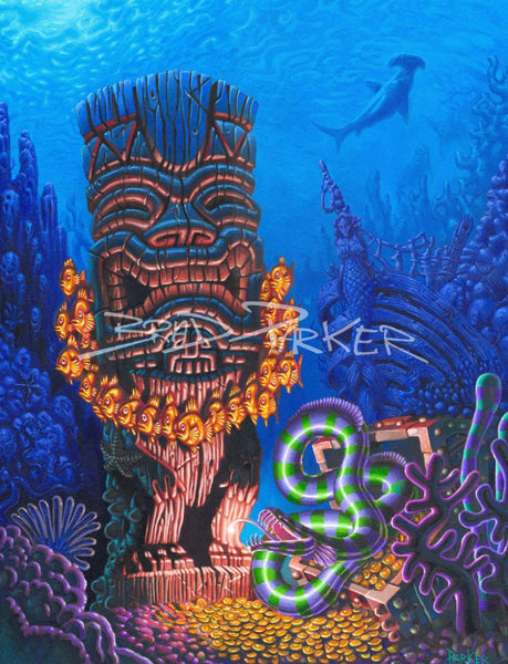 The Sunken Tiki Giclee on Paper | Brad Parker Tiki Shark - Lowbrow
